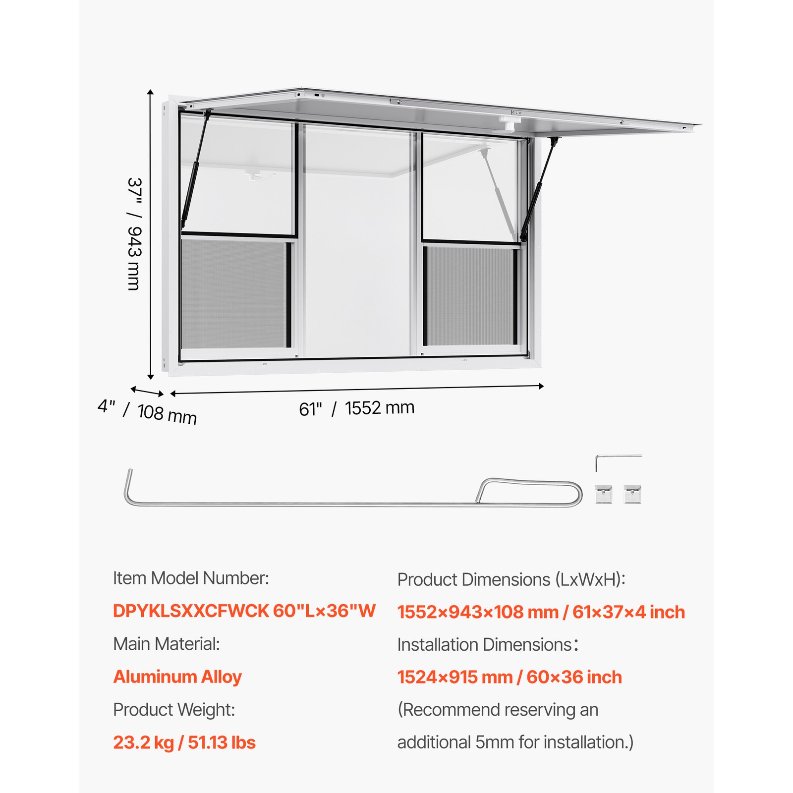 Uimoso 60x36in Concession Food Truck Service Window with Aluminum Alloy Awning
