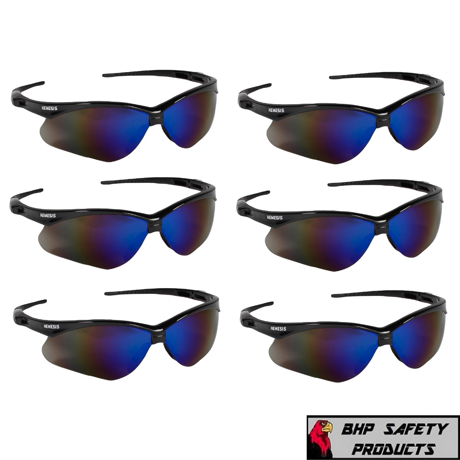 6 PAIR KLEENGUARD NEMESIS SAFETY GLASSES BLCK FRAME BLUE MIRROR SUNGLASSES 14481