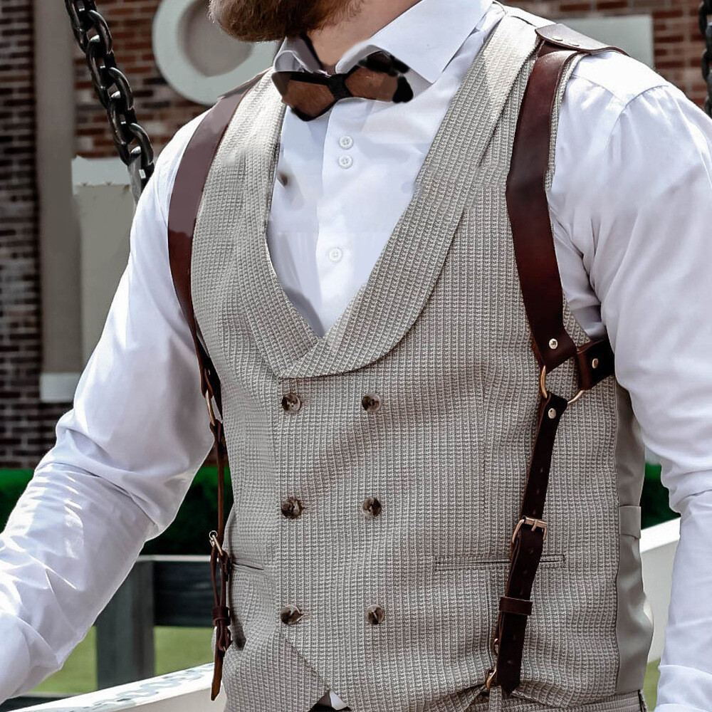 Brown Vintage Leather Suspenders Braces Shoulder Strap Belt Harness for Men O6M3