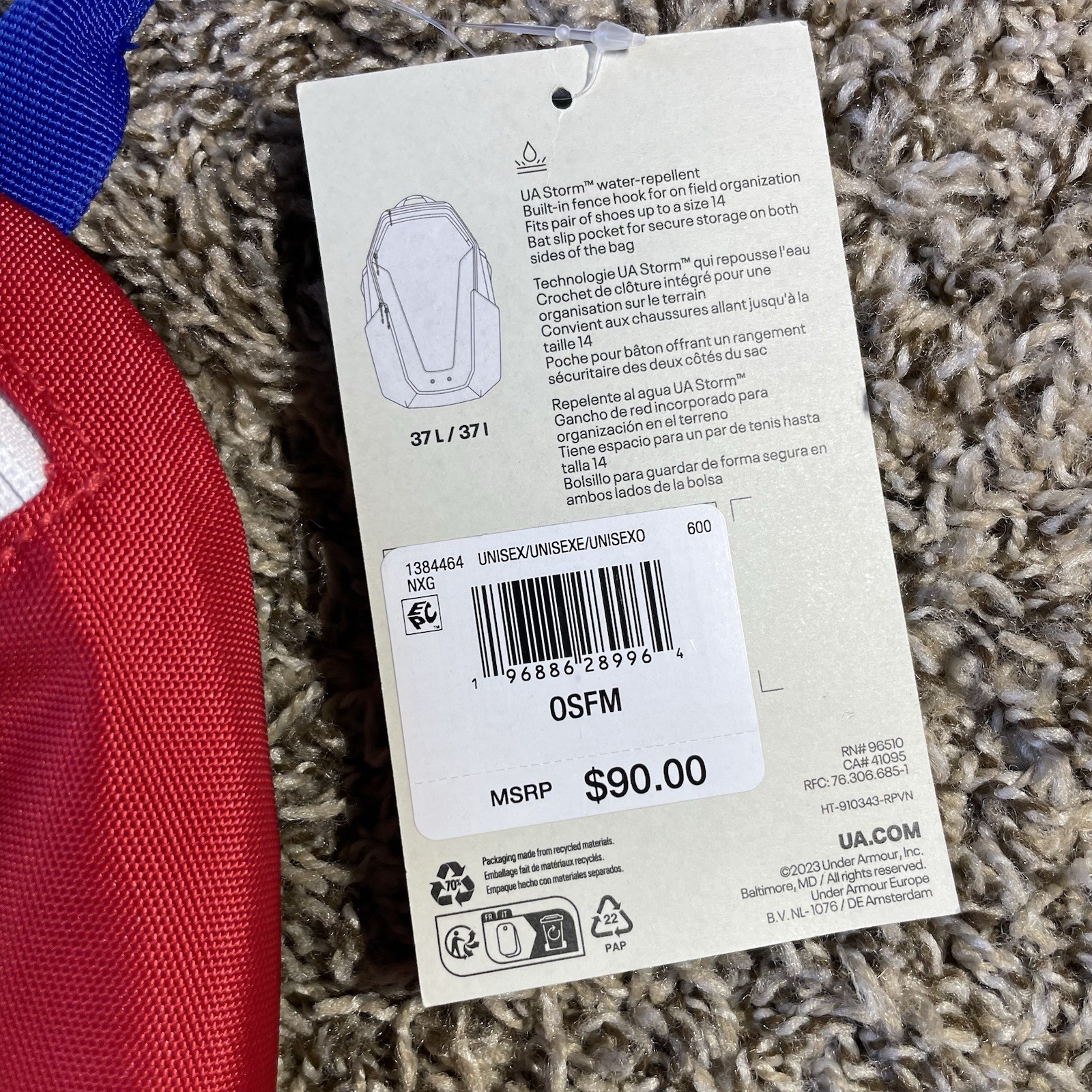 UA Storm Baseball Backpack Batpack Red Royal Blue 37L 1384464-600 NEW