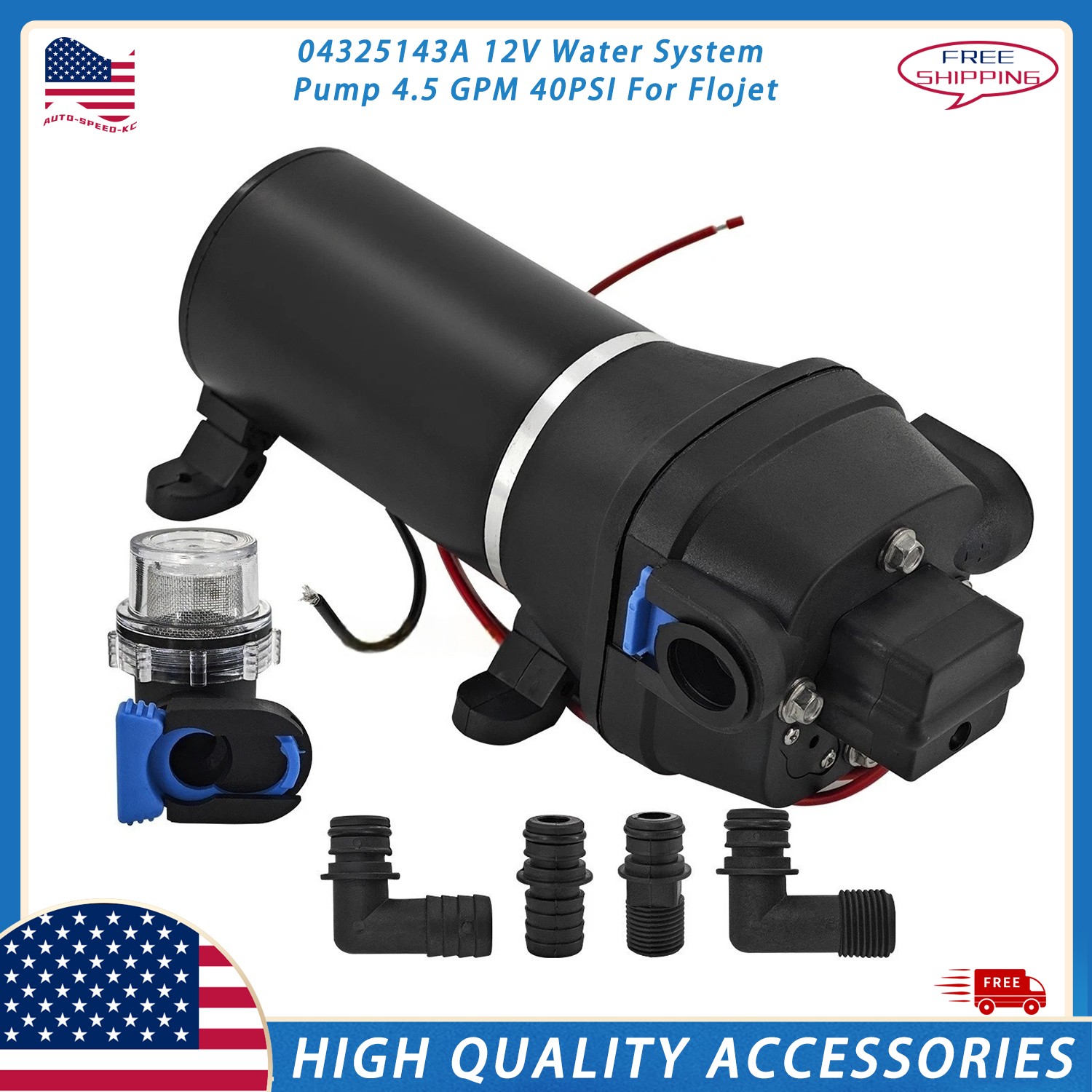 04325143A New 12V Water System Pump 4.5 GPM 40 PSI Fits For Flojet USA