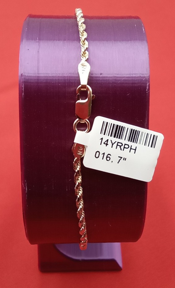 14K Yellow Gold Diamond Cut Rope 2mm Chain Link Bracelet/Anklet - CHOOSE LENGTH