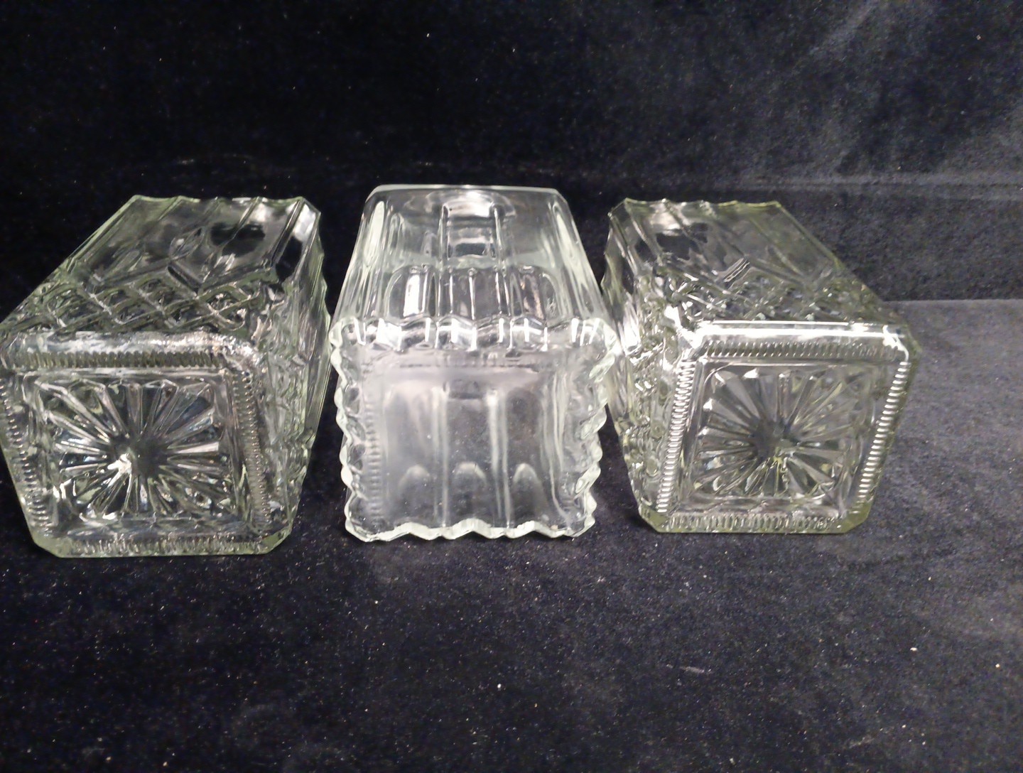 3 Square Heavy Crystal Glass 1 Glass Decanter 9"x3.5" Stoppers Great Condition