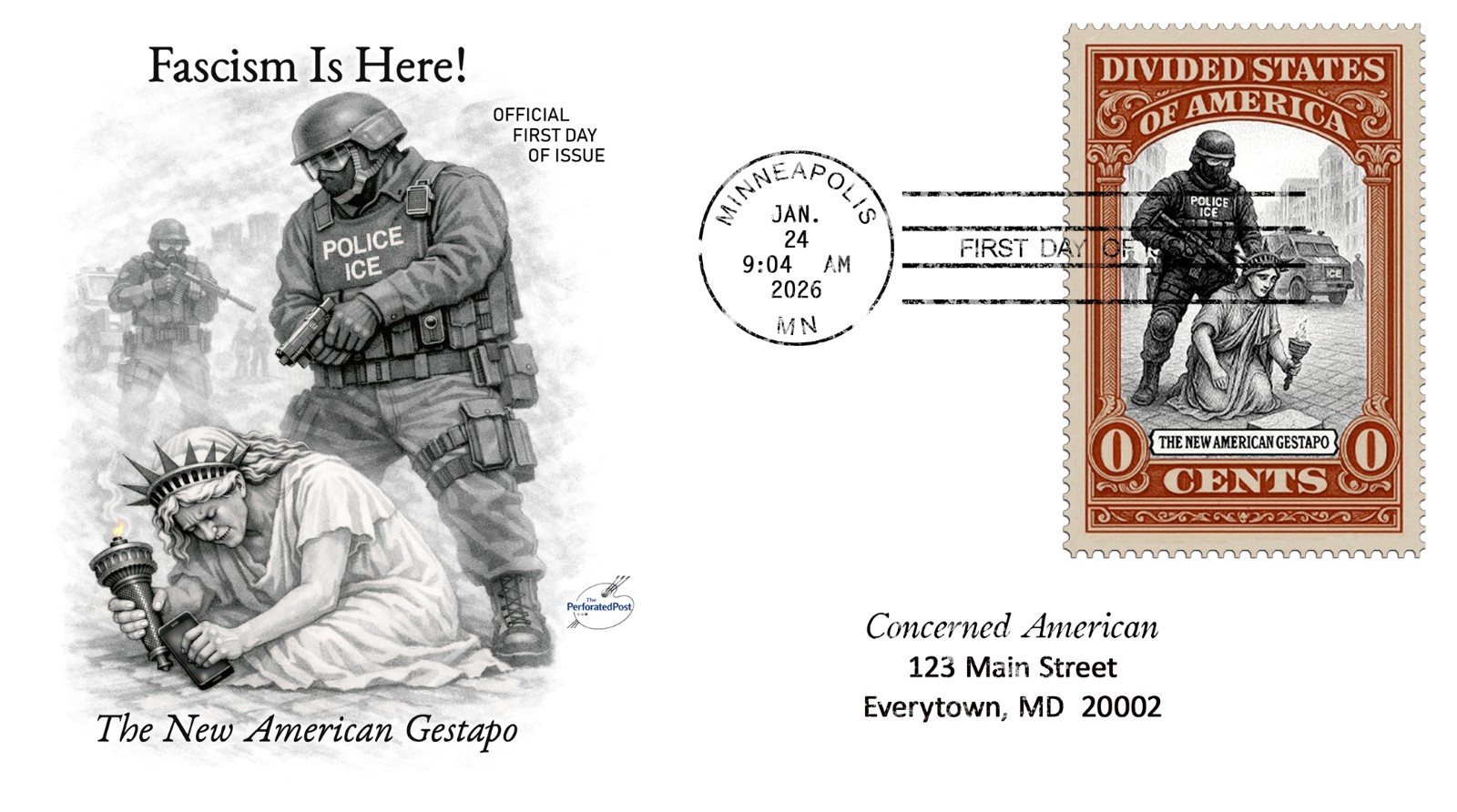 Liberty Under ICE (tRump) - Faux FDC Cover (Artistamp, Faux Postage, Cinderella)
