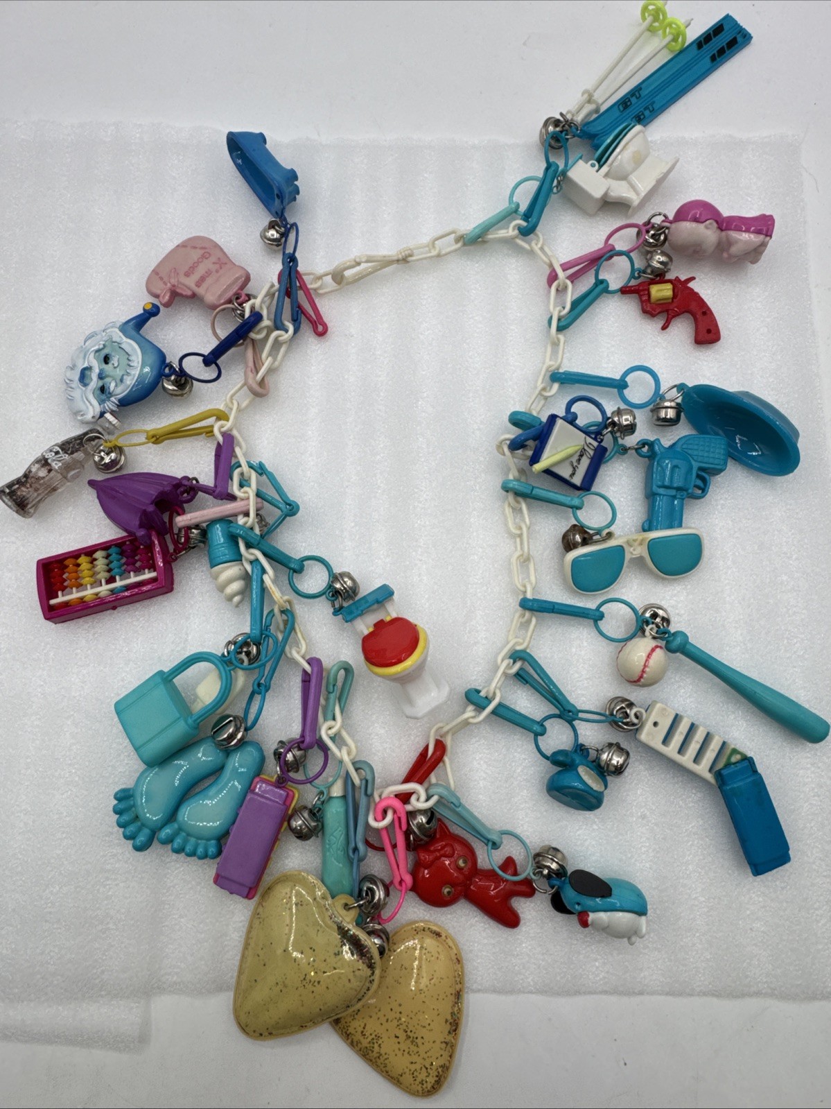 Vintage 1980's Plastic Bell Charm Clip Necklace w 2 Chains and 34 Charms.