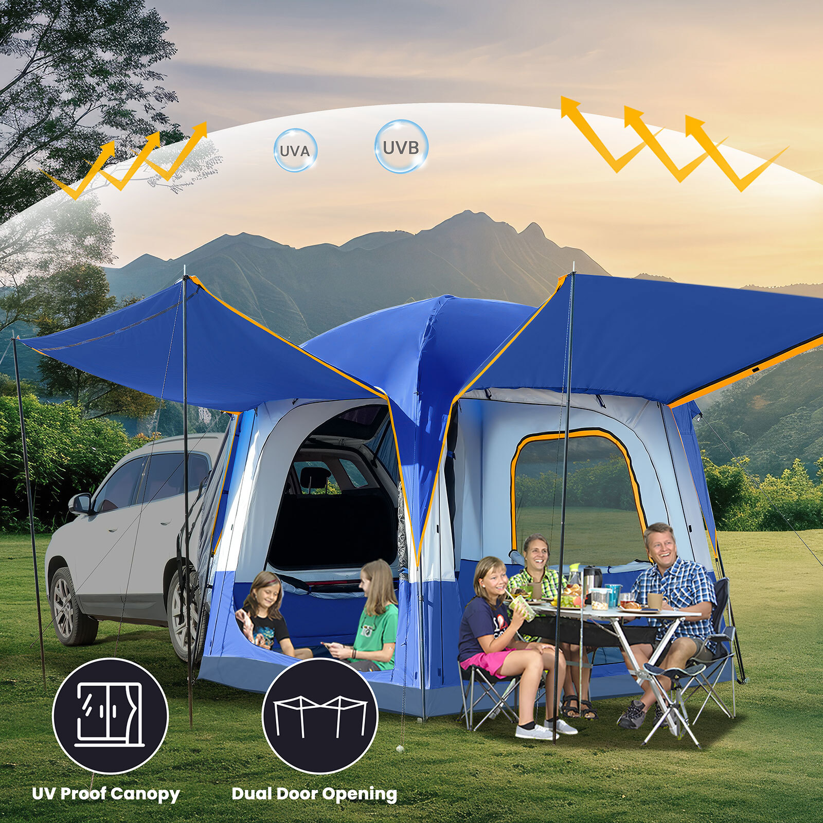 NAIZEA SUV Tent for Camping, 6-Person Car Tent 8.2'*8.2'*87in(H) With 2 Porchs