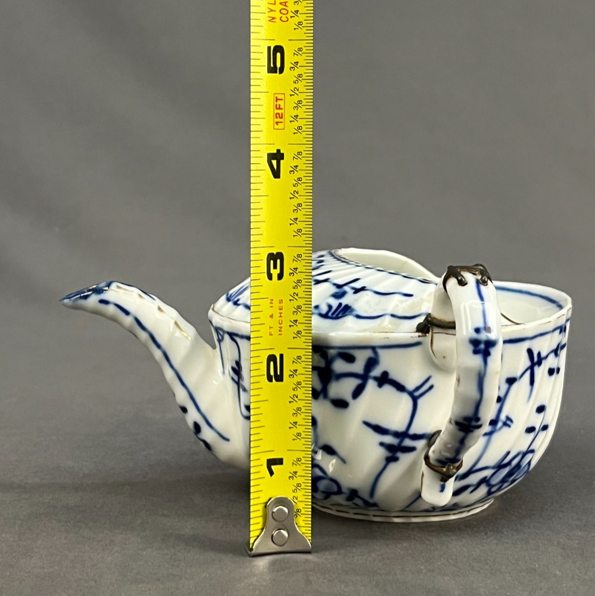 Royal Tettau BLUE ONION Invalid Feeder Pap Boat w/STAPLE REPAIR MAKE DO c. 1885