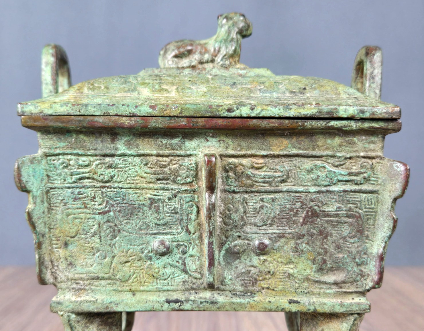 Chinese cast bronze Fang Ding Censer, dog lid, incense burner, signed