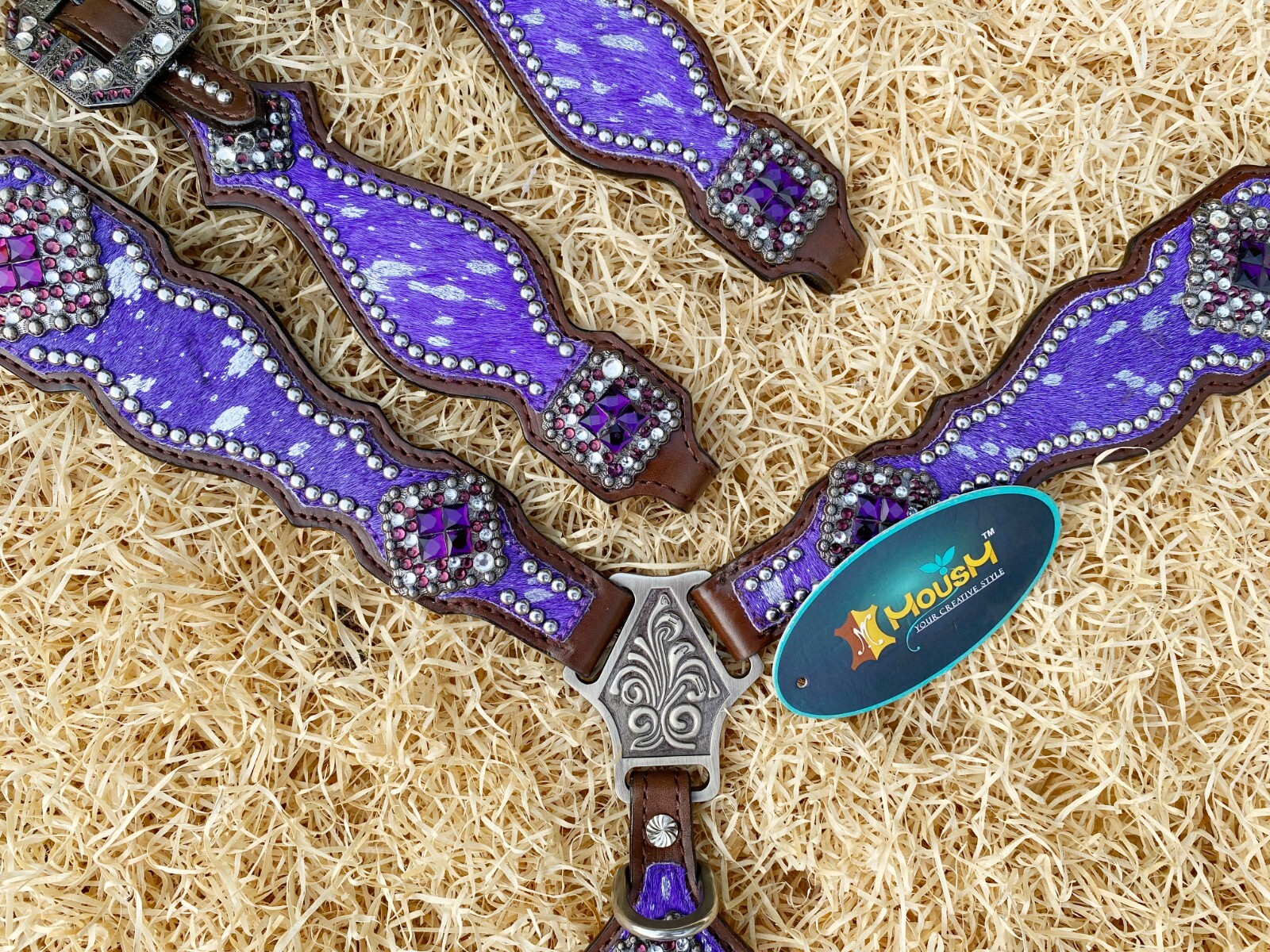 MOUSM Western Leather Headstall and Breast Collar Tack Set for Horses - Purple