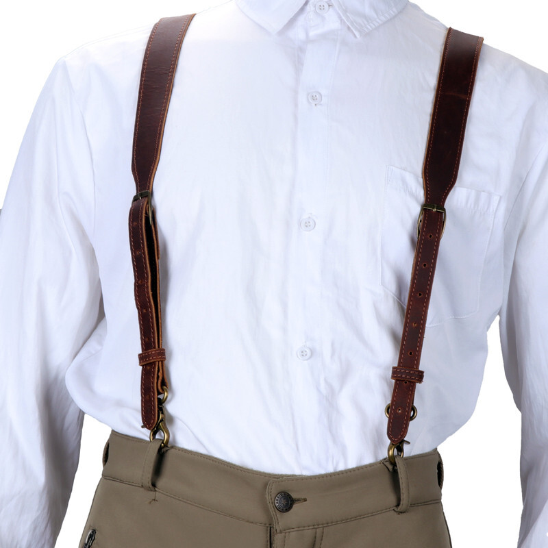 TOURBON Leather Suspenders Y Back Adjustable Y-Shape Pants Brace