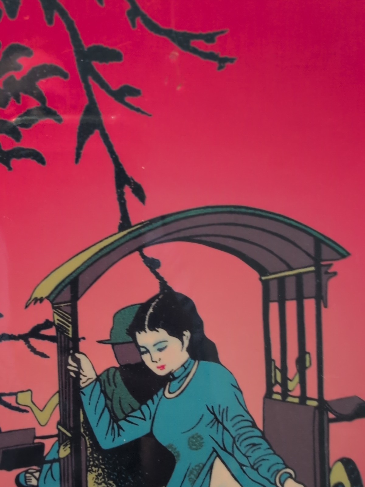 Colorful lacquered wood plaque Vietnamese Woman Rickshaw In 8"By 11.5