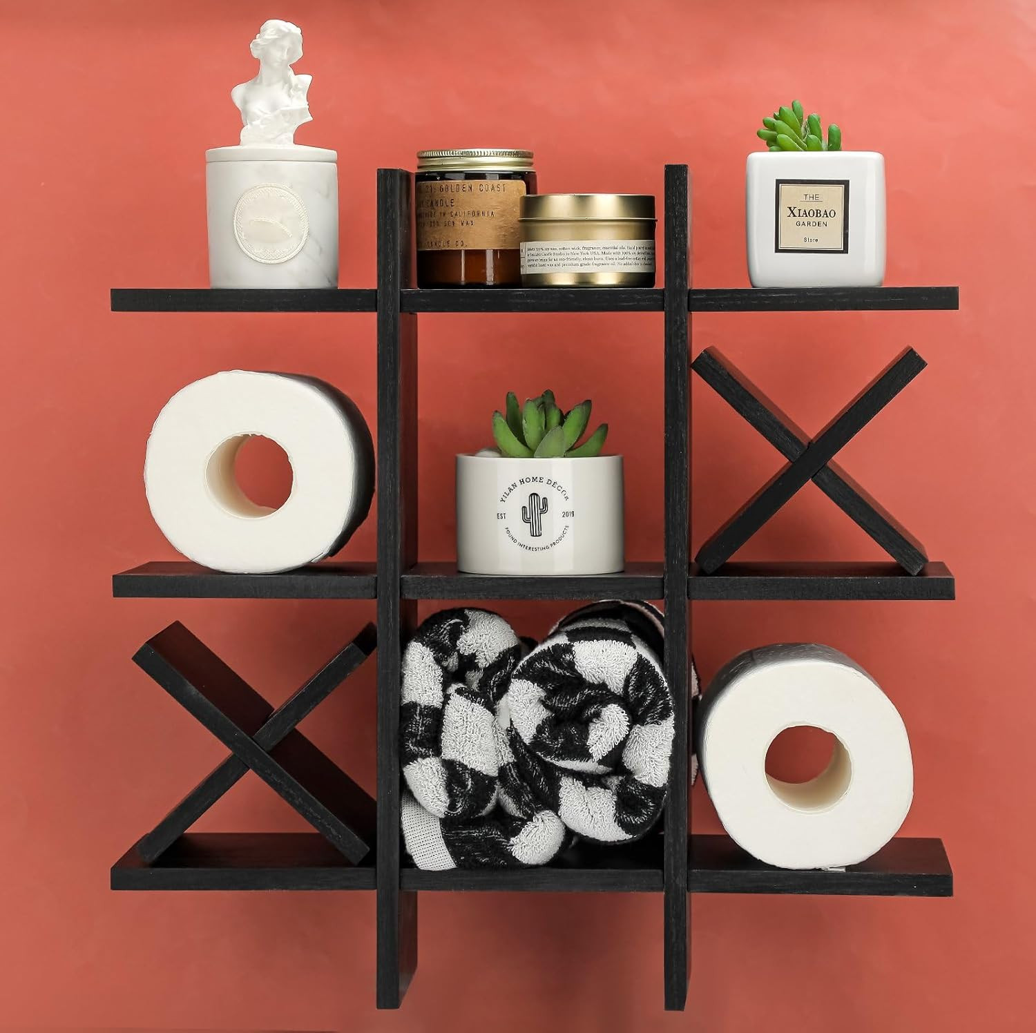 Tic Tac Toe Toilet Paper Holder Stand Bathroom Wall Decor Rustic Wooden Hanging