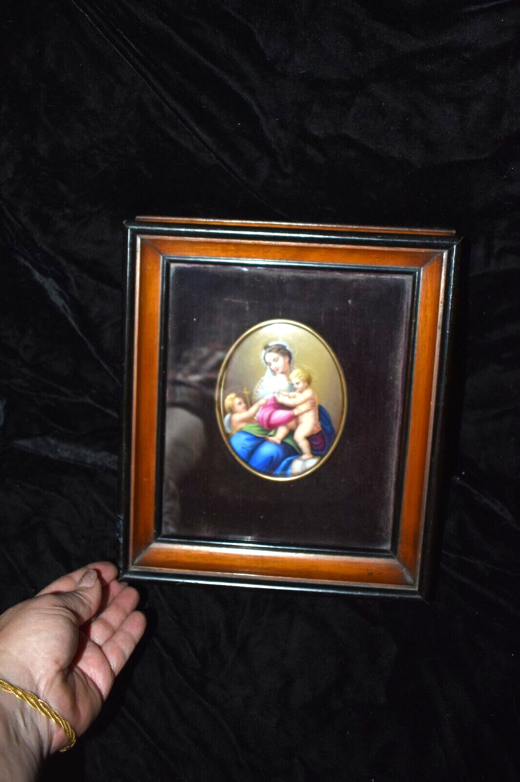 Antique KPM Style Germany Porcelain Plaque Madonna Child & Cherub Framed
