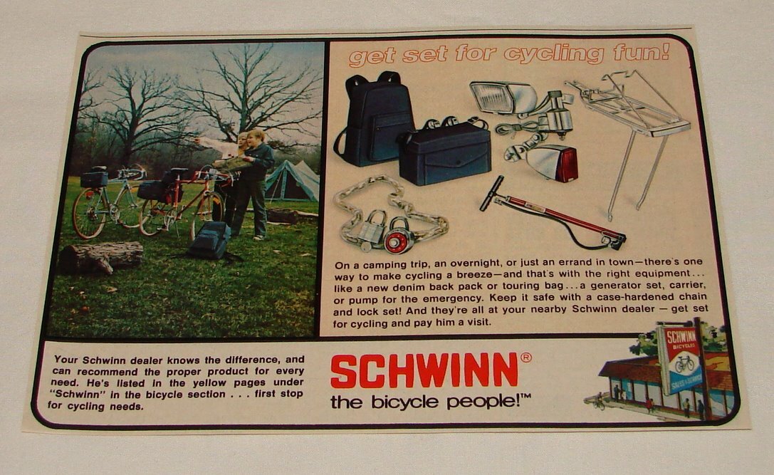 1975 SCHWINN bicycle accessories ad ~ GET SET FOR CYCLING FUN!