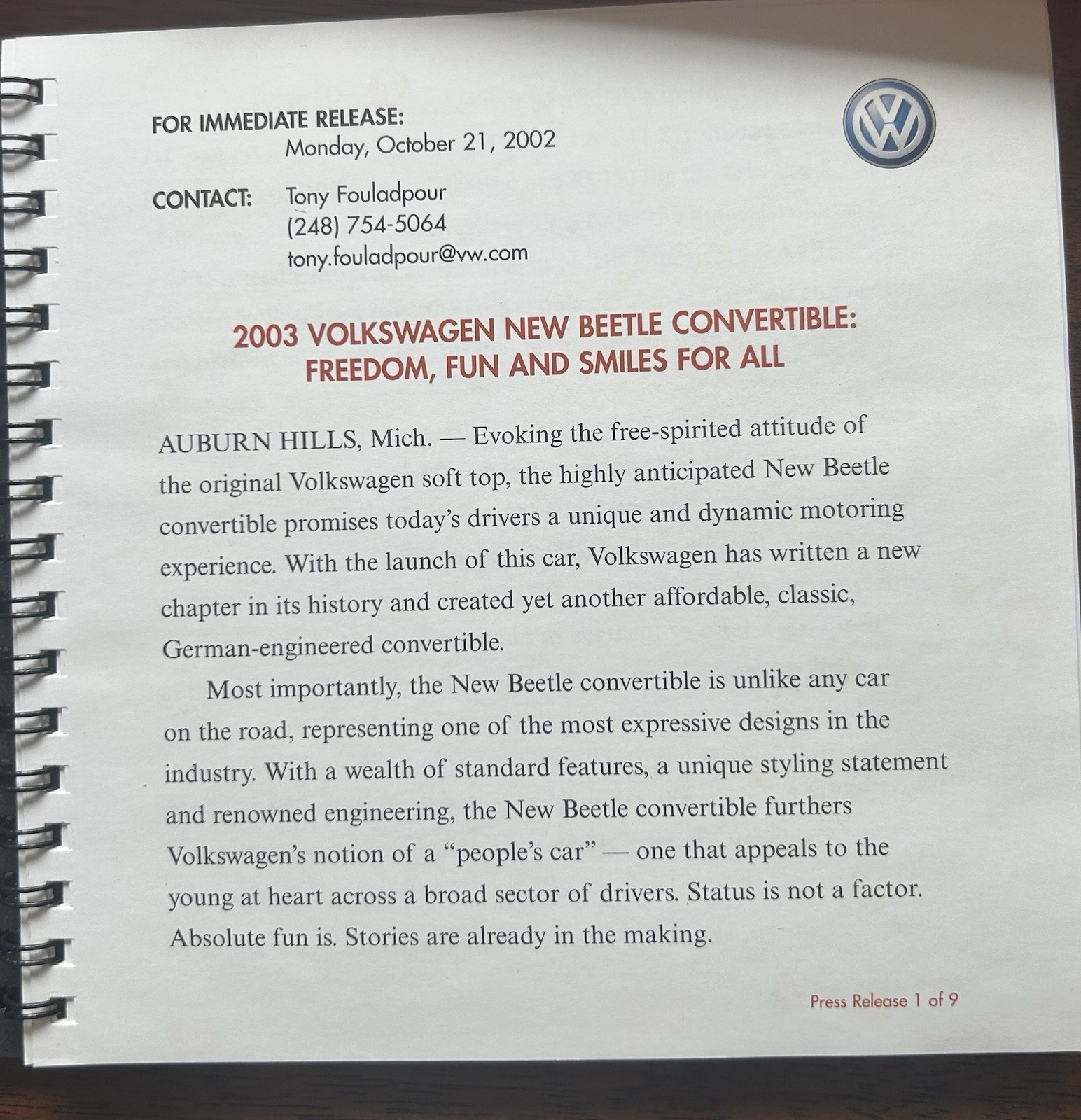 2003 Volkswagen New Convertible Press Release Brochure