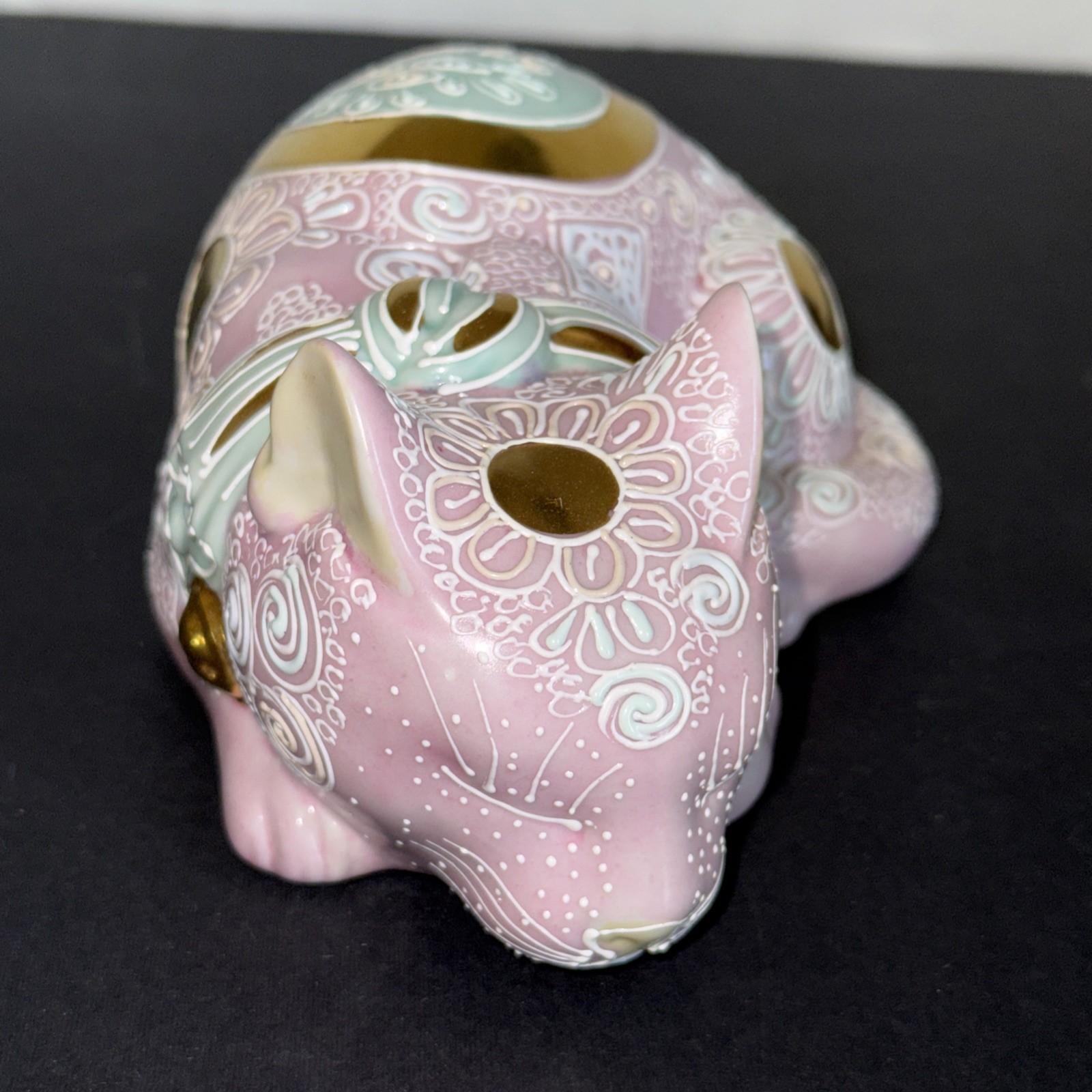 Frederick Cooper Pink, Green And Gold Porcelain Decorative Japanese Sleeping Cat