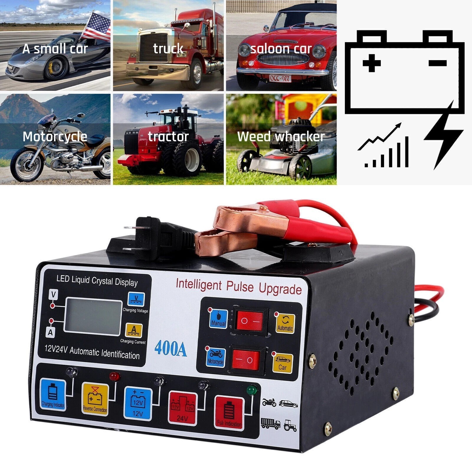400A Heavy Duty Battery Charger 12V/24V Pulse Repair Car Battery Charger Trickle