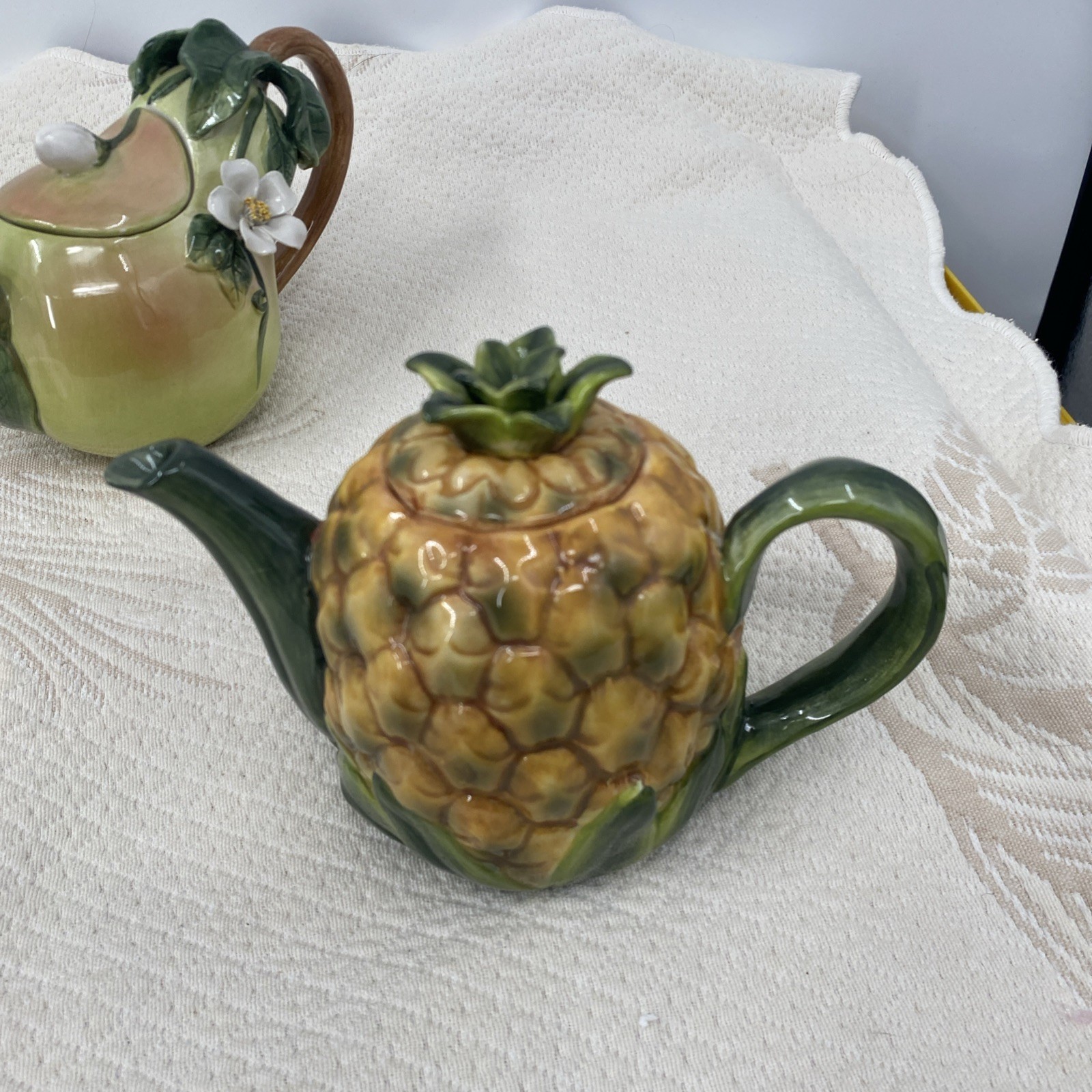 Vtg Lot 6 Ceramic Fruit Teapots: pair, Pineapple Peach Pomegranate & Watermelon