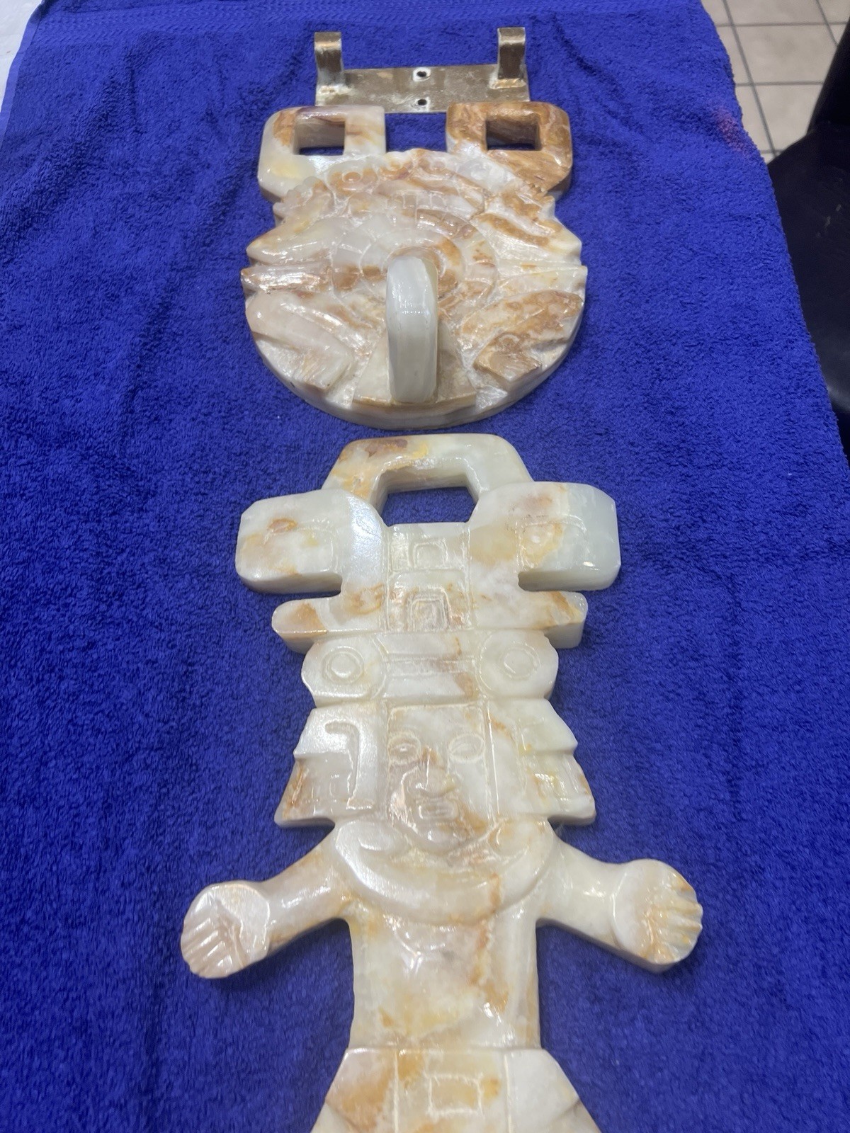 Aztec Mayan Marble/Onyx Large Stone Hand Carved Wall Hanging 33” Long W/bracket