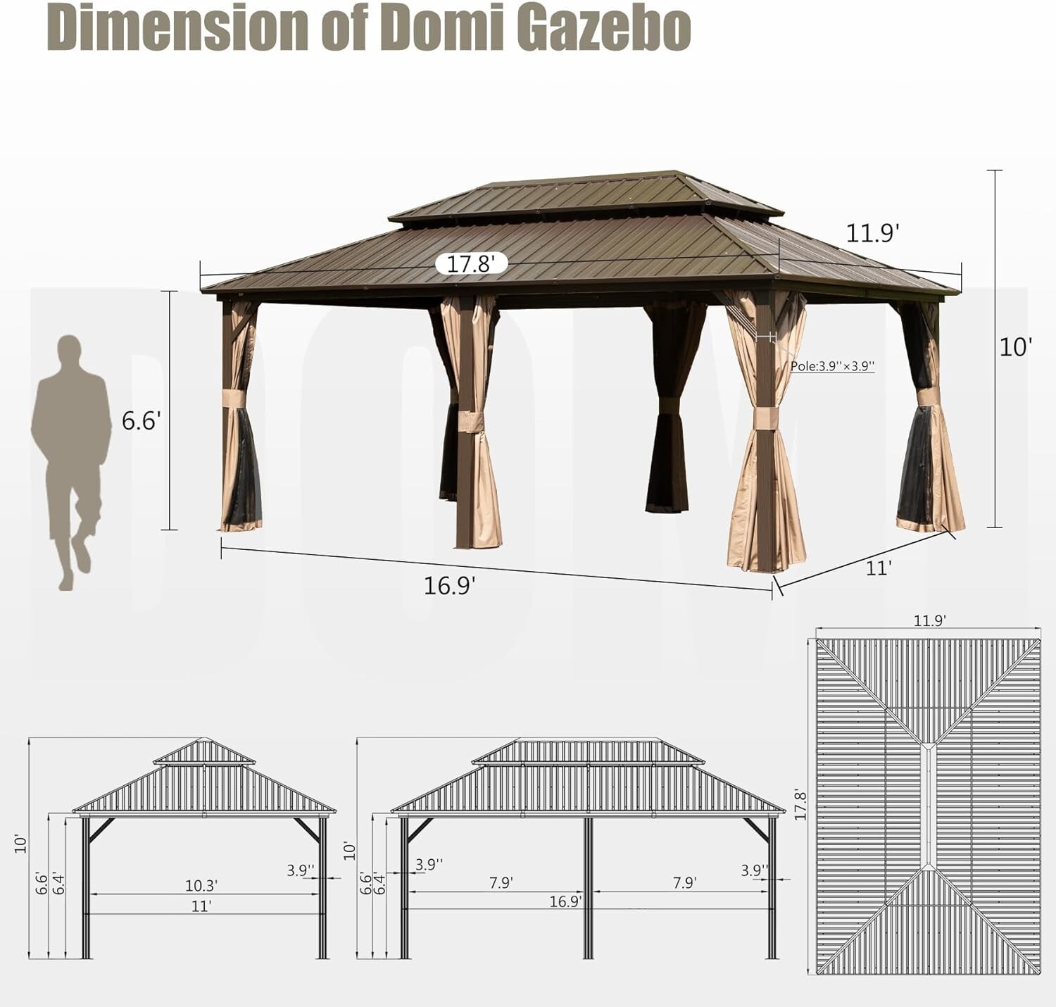 Domi 12’ x 18’ Hardtop Gazebo Outdoor Aluminum Gazebo w/Curtains and Net, Brown