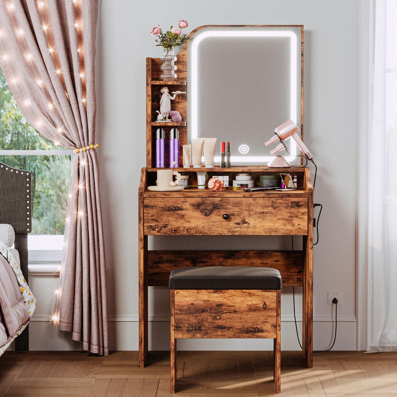 LIKIMIO Small Makeup Vanity Desk with Mirror and Lights, Vanity Table Set with S