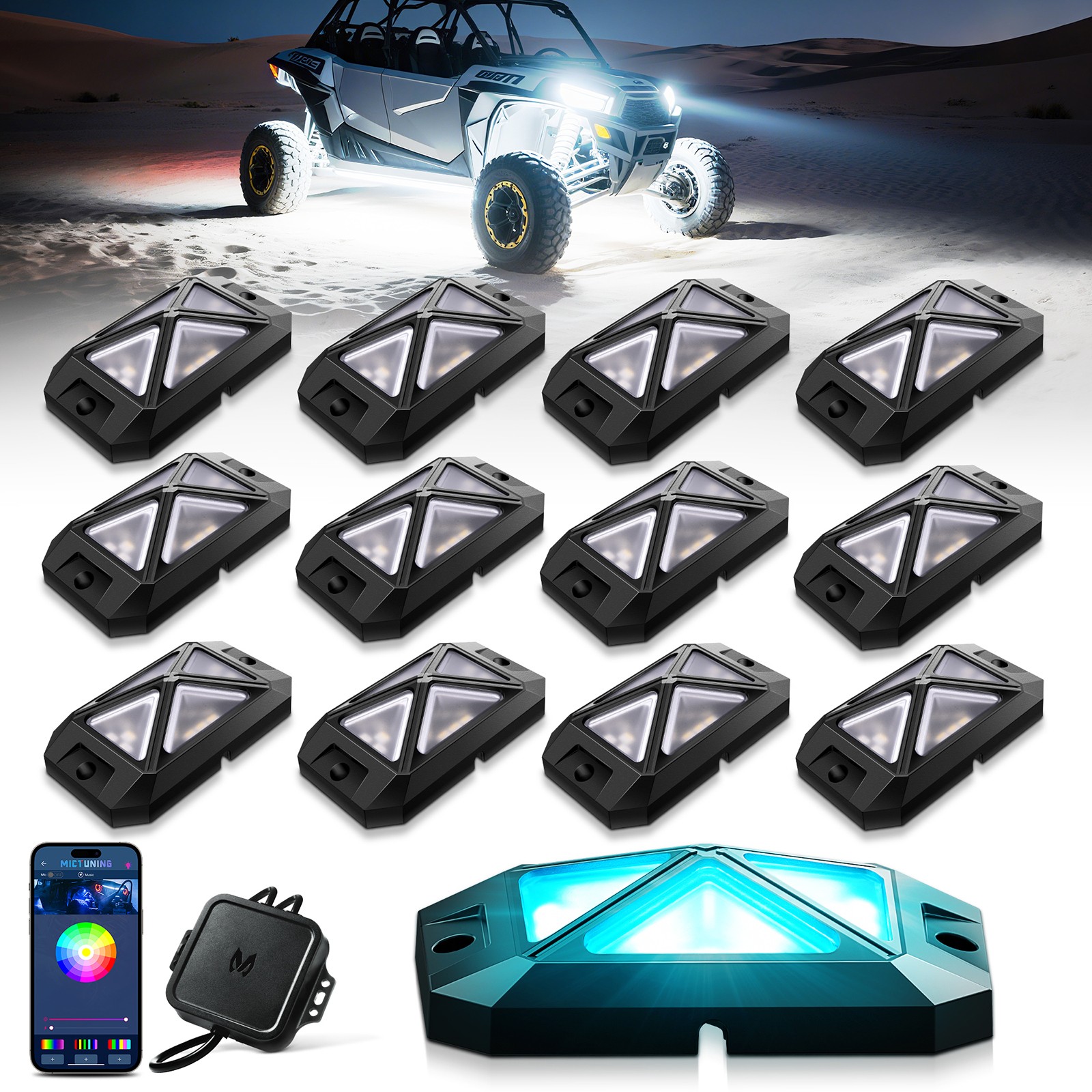 MICTUNING C4 RGBW LED Rock Light,12-Pods Car Underglow Neon Accent Light LED Kit