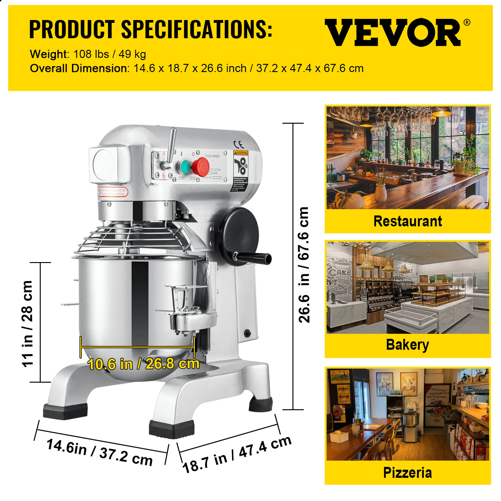 VEVOR Commercial Food Mixer Electric Dough Mixer 15Qt 3 Speeds Pizza Bakery 600W