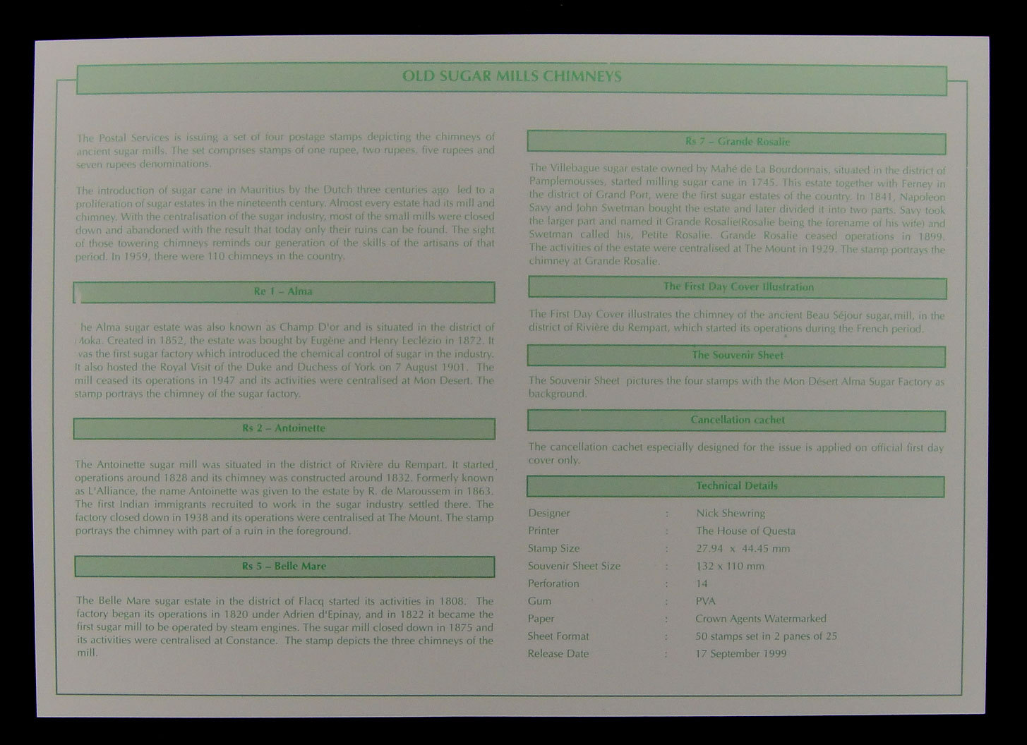 Mauritius Stamp Old Chimneys, OFFICIAL FIRST DAY COVER. 17 Sept 1999. UNADDRESS