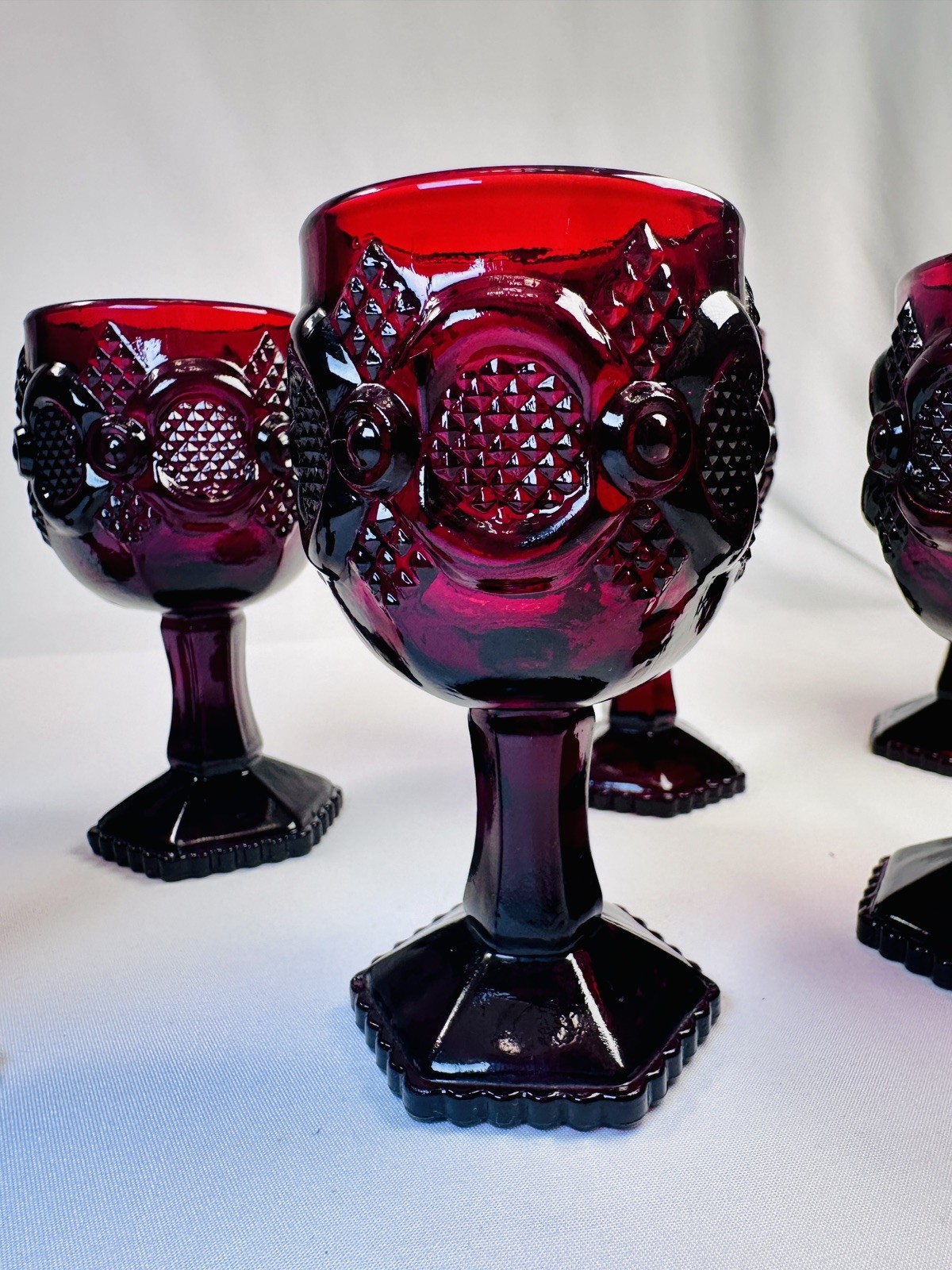 Set of 7 Avon Cape Cod Ruby Red Glass Goblets 4.5" Vintage Pressed Glass