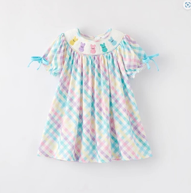 NEW Boutique Peeps Easter Bunny Rabbit Girls Smocked Embroidered Dress