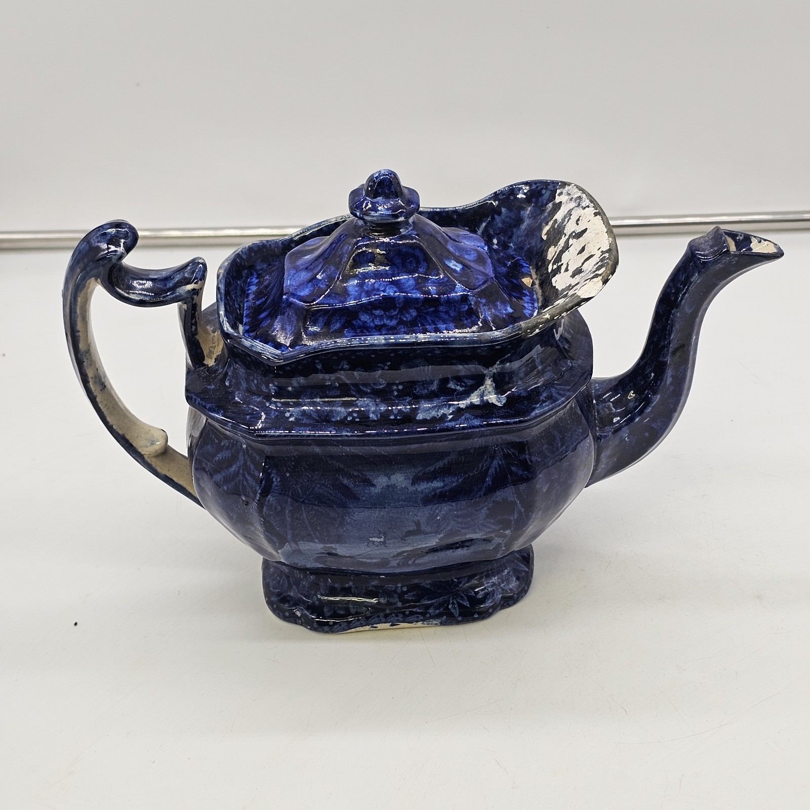 Historical Dark Blue Staffordshite Teapot Winter Sleigh Scene Circa 1825