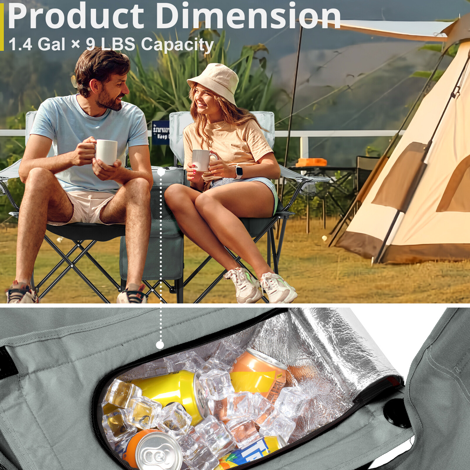 Double Folding Chair Picnic Cooler Camping Beach with Removable Sun Umbrella