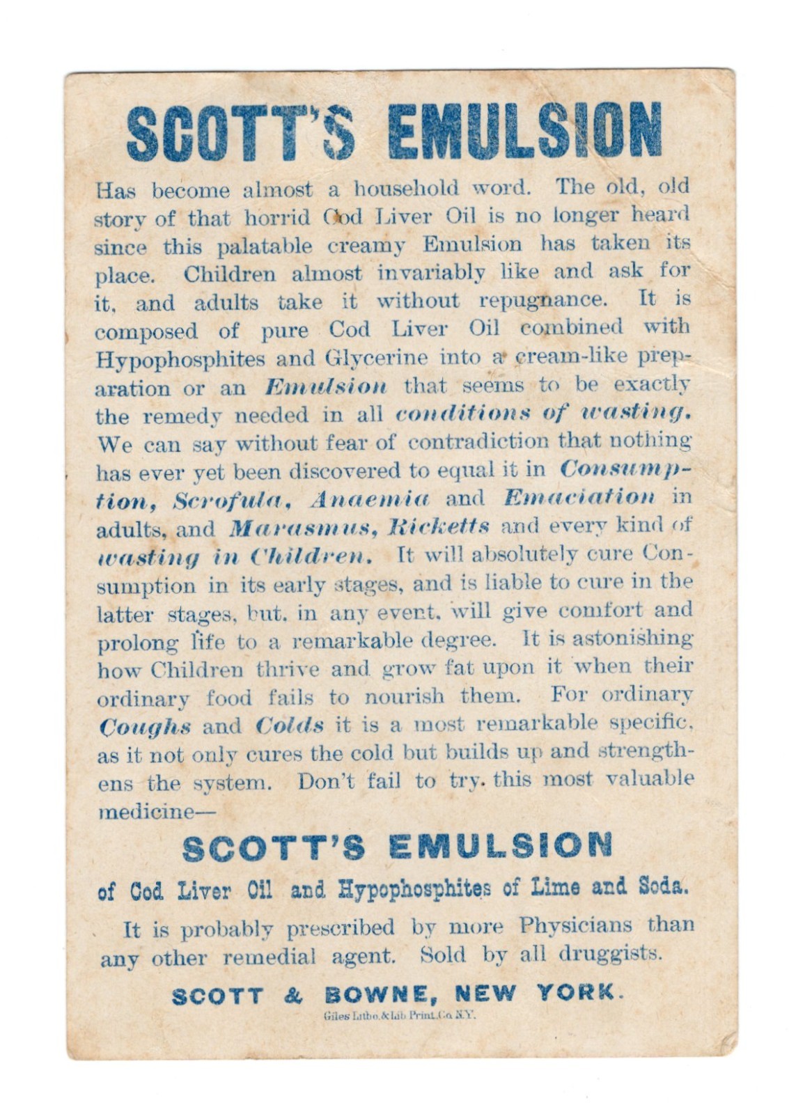 1890s - Scott's Emulsion Cod Liver Oil Scott & Bowne New York Card - XL2i