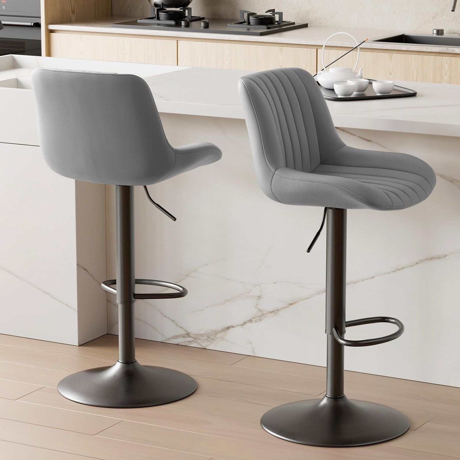 Set of 2 Adjustable Swivel Bar Stools with Backs Counter Height Dark Grey