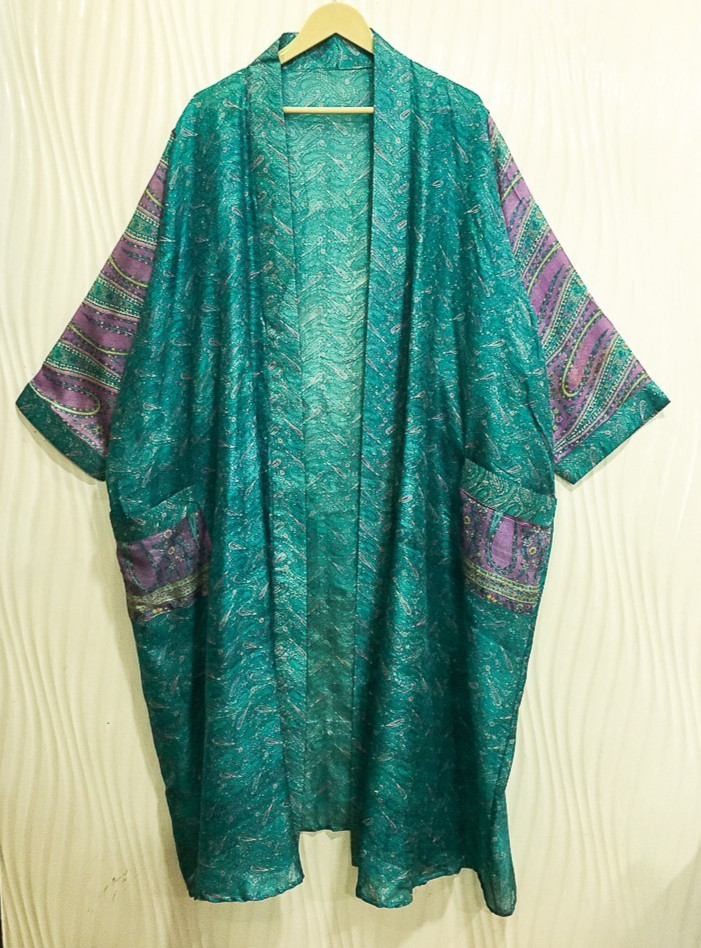 Pure Silk Blue/Green kimono Long Robe Gown Woman Silk Robe Kimono KMO5575