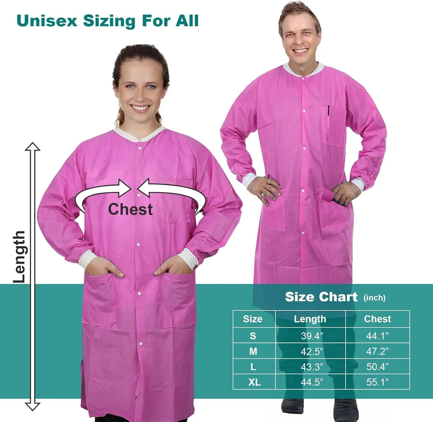 Disposable Lab Coats 45G SMS Knee Length with Pockets, Knit Cuffs, S/M/L/XL