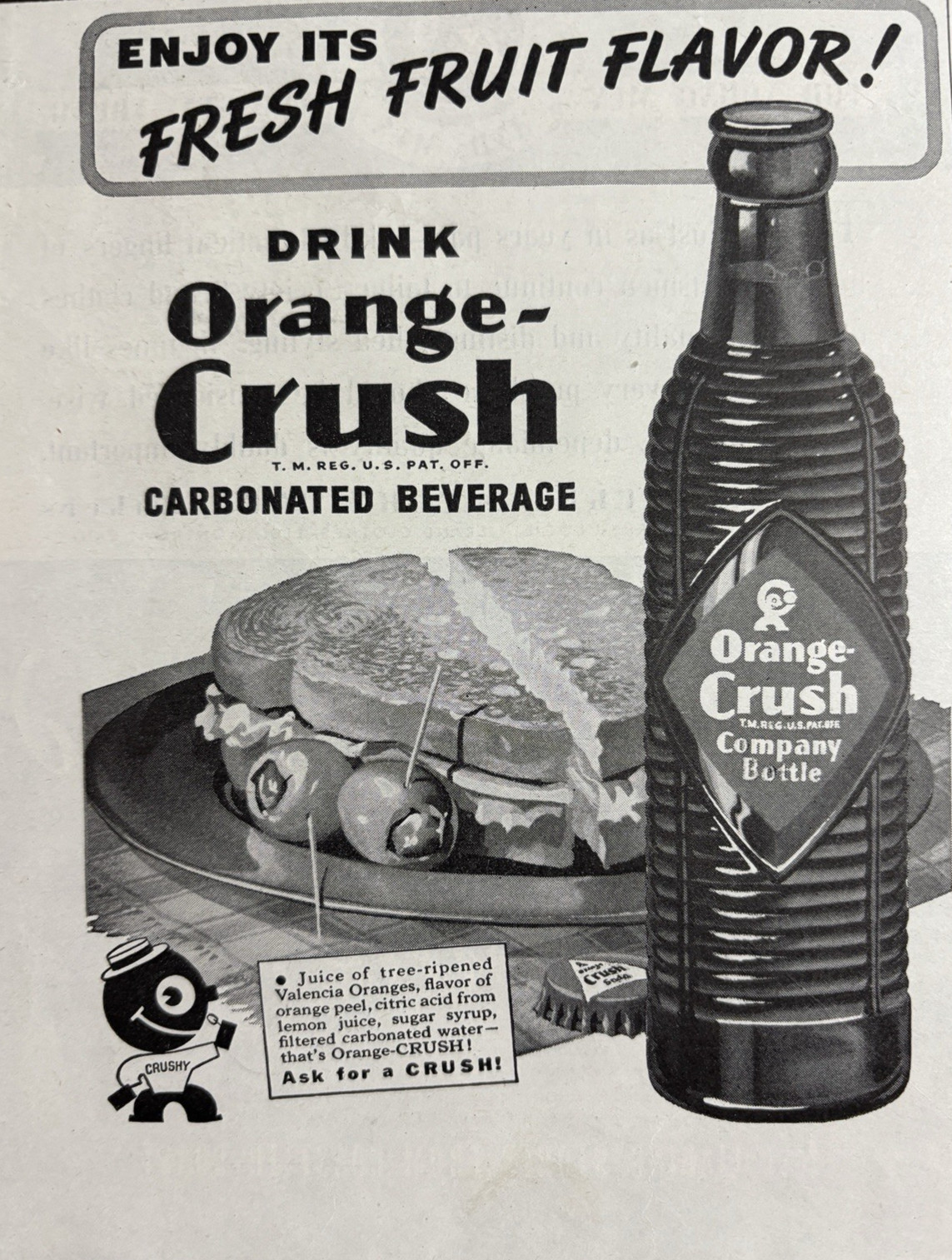1945 Orange Crush Carbonated Beverage Bottle Fresh Fruit Flavor VTG Print Ad