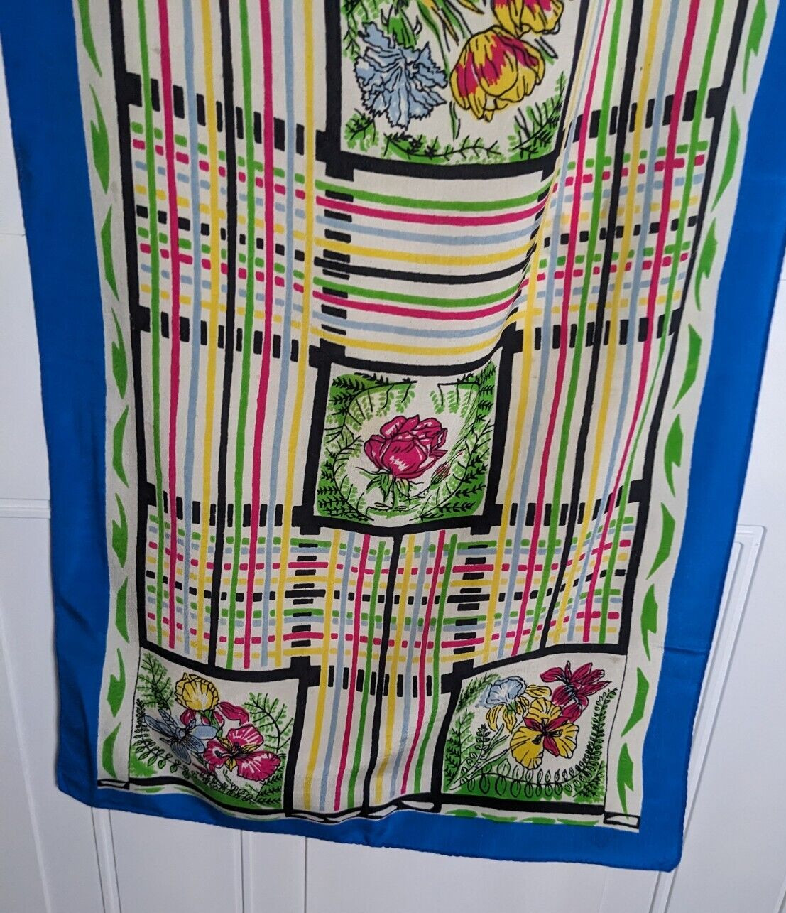 Vintage floral bird stripped scarf long rectangle approx 15 x 40" satin