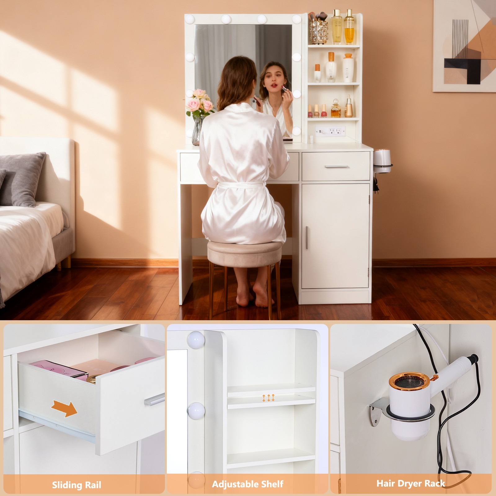 Makeup Vanity Desk with Mirror and 3-Color Light,4 Drawers,Cute Vanity Table