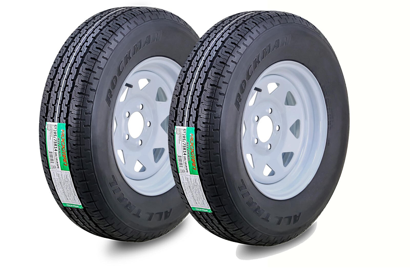 2 ROCKMAN Trailer Tire Assembly ST205/75R14 8-Ply White Spoke Rim 5 Lug on 4.5"