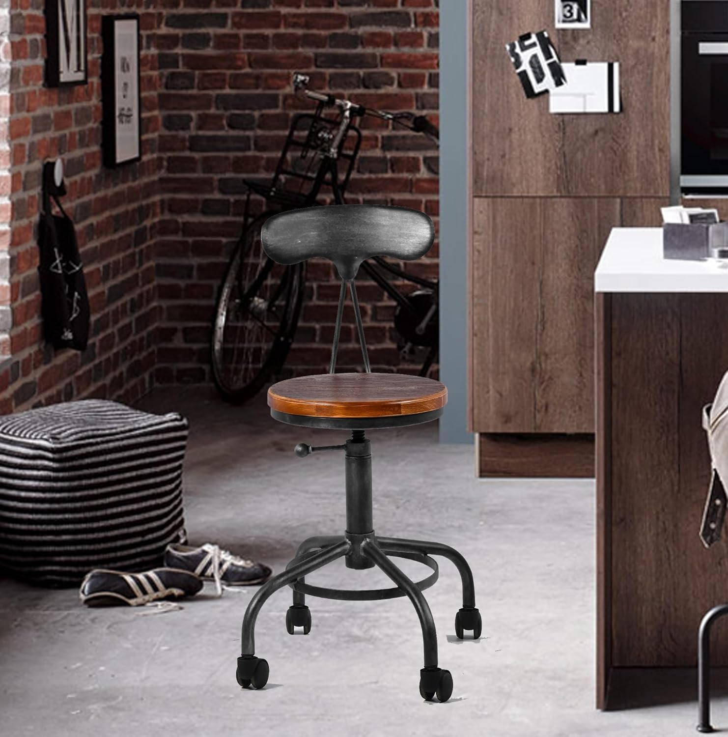 Industrial Adjustable Swivel Kitchen Stools with Wheels, Set of 2