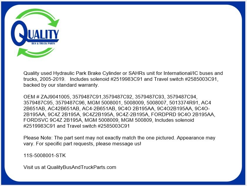 SAHR Unit Hydraulic Park Brake IC International 5008001 3579487C96 2519983C91