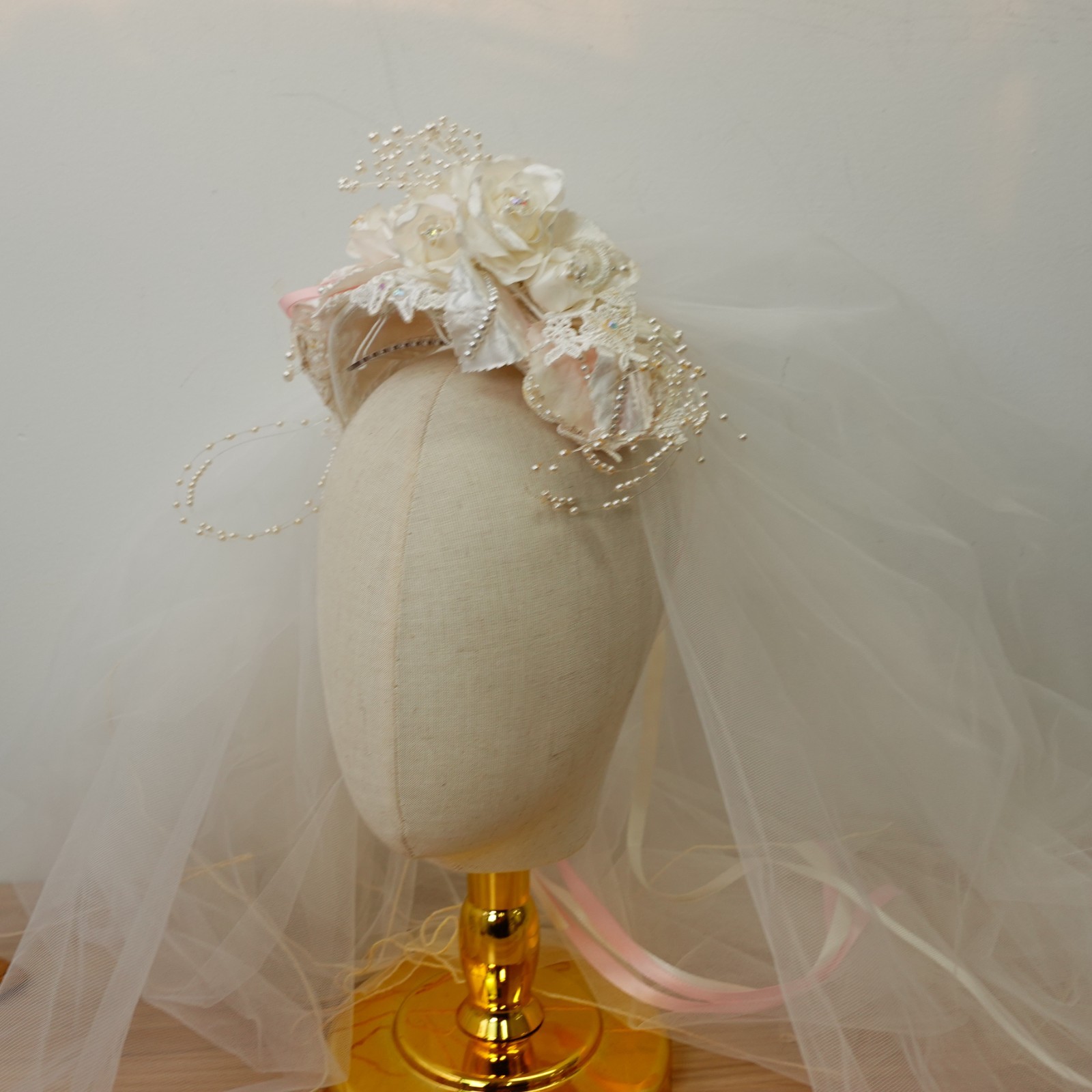 VTG Bridal Veil Headpiece White Floral Pearl Wreath Wedding Juliet Cap Tulle