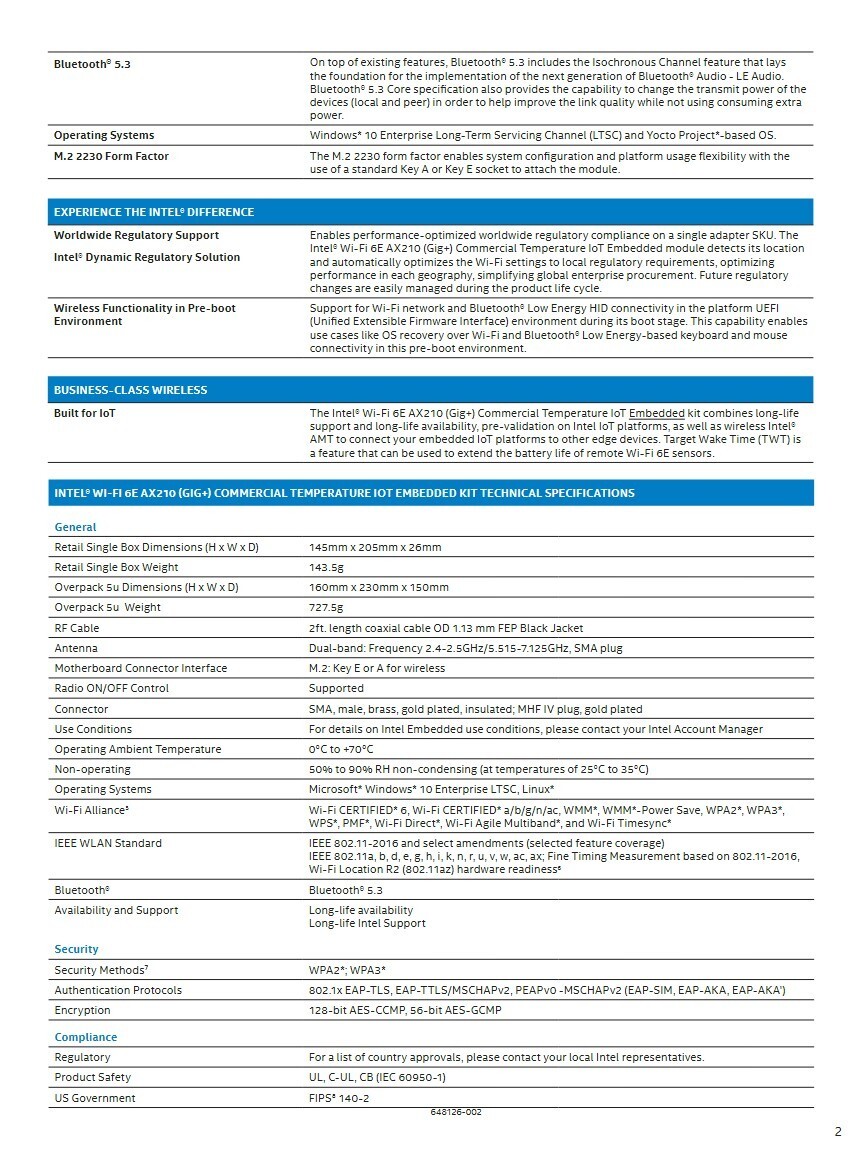 Intel Wi-Fi 6E AX210 | no vPro 2230 M.2 | BT 5.3 | Desktop Kit