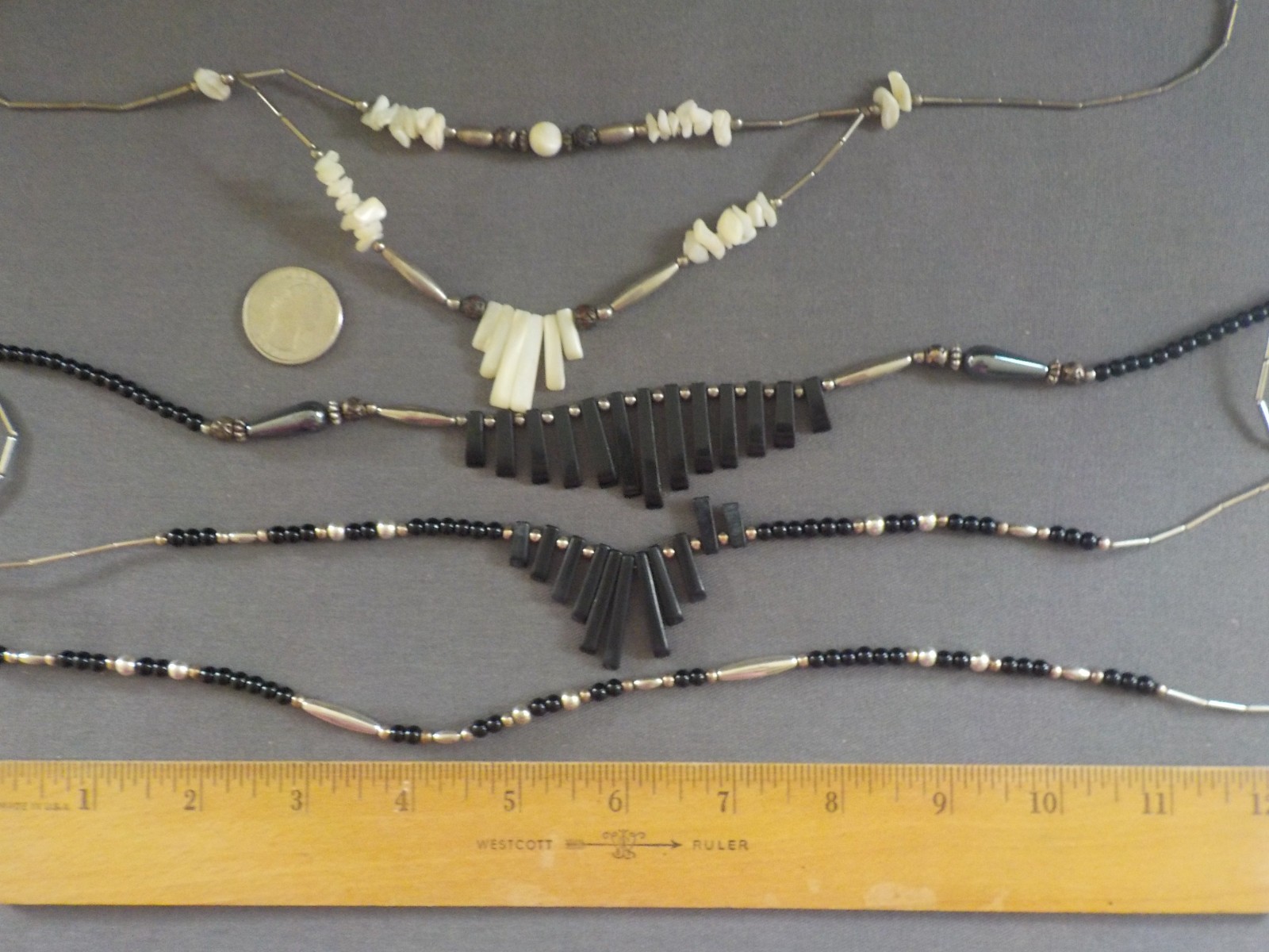 Vintage Spikey Black & Shell Necklace Silver Tone Metal Single & Double Strand