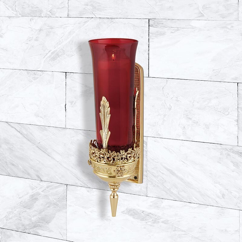 Ornate Wall Mount Sanctuary Lamp, Ruby Globe, 12'' H (USUALLY SHIP WTHIN 2 DAYS)