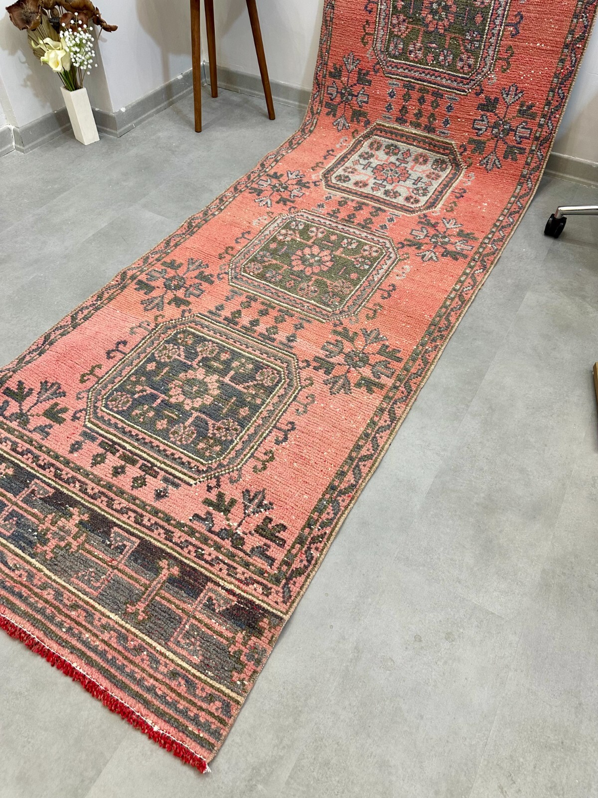 3x11 Pink Floral Vintage Runner, Turkish Runner, Handmade Wool Rug, Oushak Rug