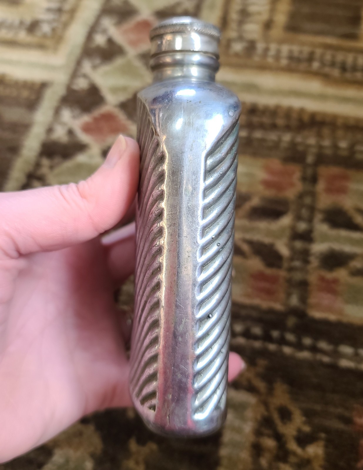 Antique Silver & Copper Plated Glass Ribbed Hip Flask 5-3/8" Tall Vintage