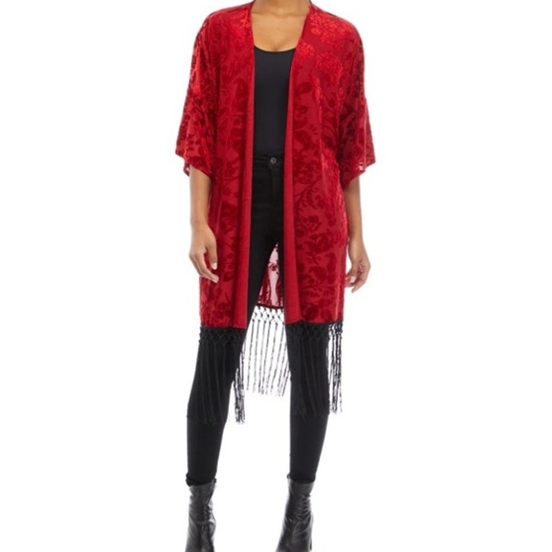 GYPSIES & MOONDUST Red Velvet Burnout Kimono Long Black Fringe MEDIUM Vamp Witch