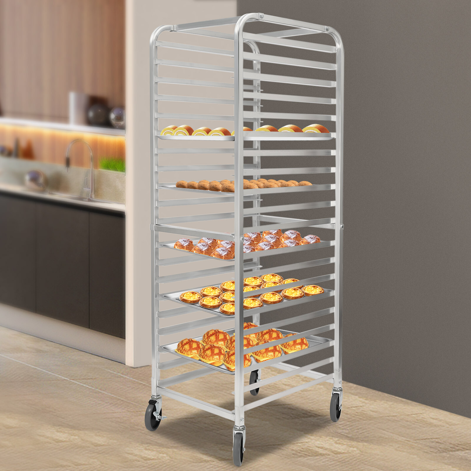 20-Tier Bakery Rack Aluminum Alloy Pan Rack with 2 Wheels for Kitchen Commercial